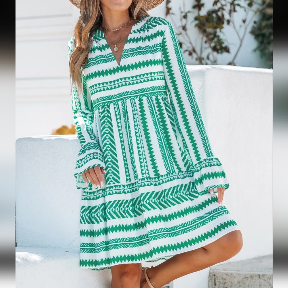 Cupshe Women's Green and White Patterned Long Sleeve Ruffle Mini Dress Size L